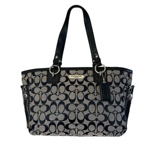 COACH Gallery Tote Bag Signature C Jacquard Canvas Black Leather Silver Hardware